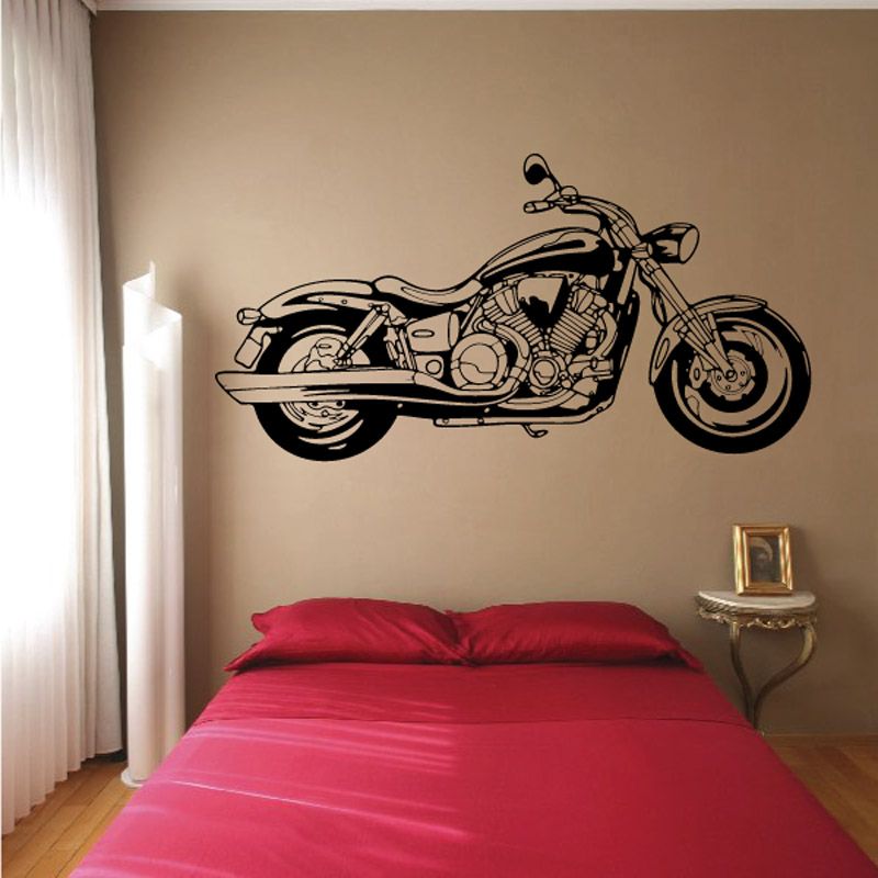 Motorcycle wall decal vinyl, black line-art bike with wheels and details