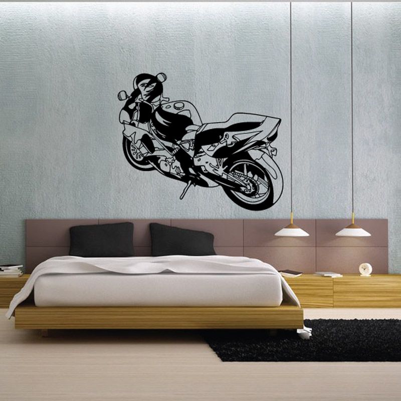 Motorcycle illustration wall decal showing a black sport bike rider, vinyl sticker design