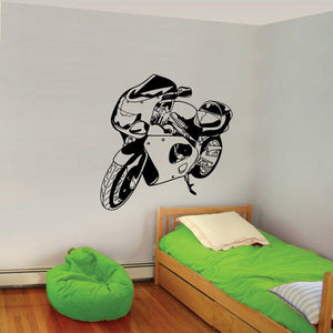 Motorcycle wall decal featuring a black and white illustrated sport bike