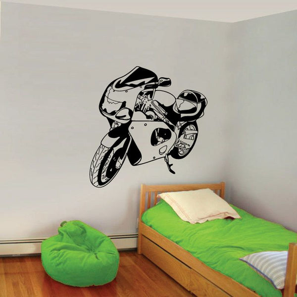 Motorcycle wall decal featuring a black and white illustrated sport bike