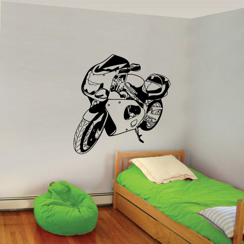 Motorcycle wall decal featuring a black and white illustrated sport bike