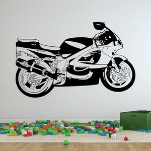 Motorcycle wall decal, black-and-white sport bike illustration on vinyl