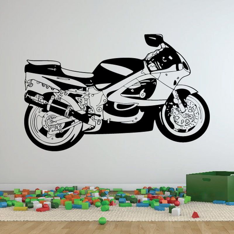 Motorcycle wall decal, black-and-white sport bike illustration on vinyl