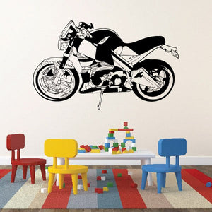Motorcycle wall decal featuring a black and white racing bike illustration