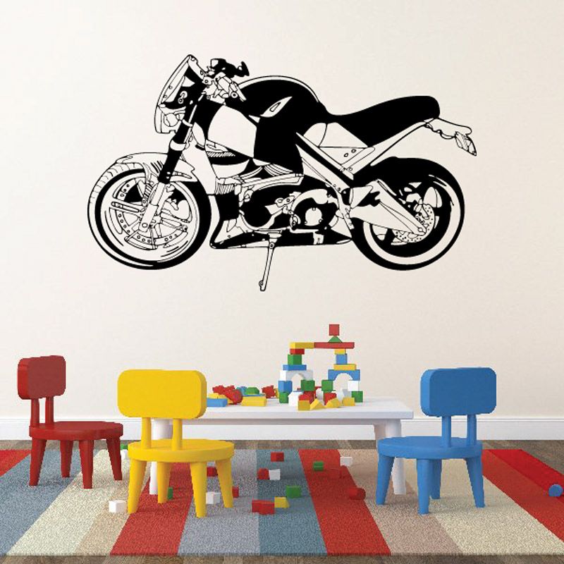 Motorcycle wall decal featuring a black and white racing bike illustration