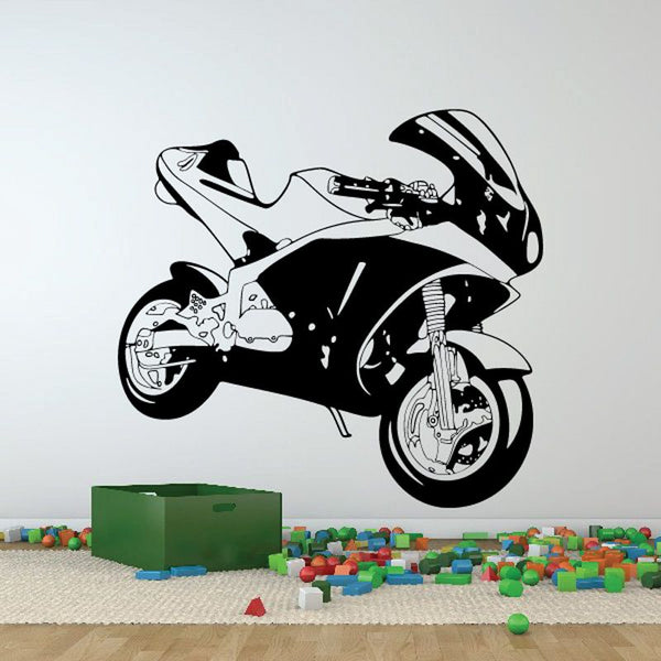 Motorcycle wall decal vinyl sticker in black and white, racing bike design