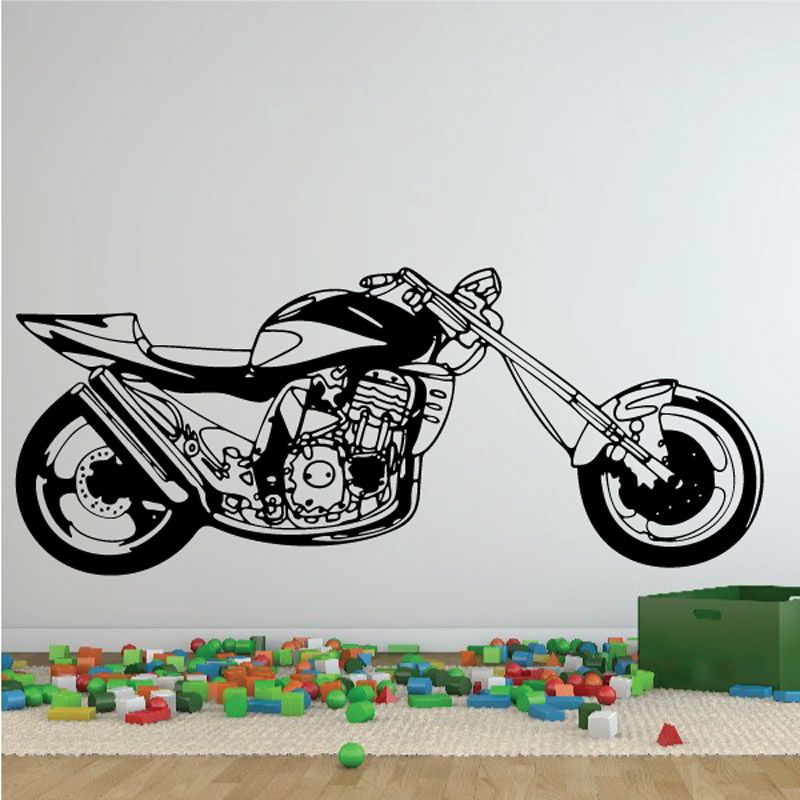 Black and white motorcycle wall decal in line-art style