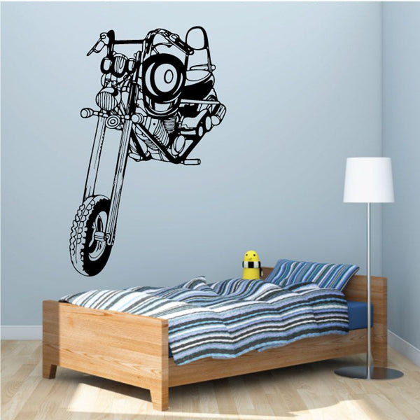 Motorcycle vinyl wall decal, black line drawing of a front view bike on wall