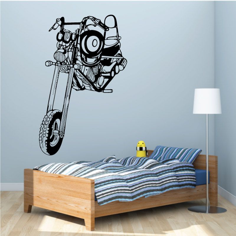 Motorcycle vinyl wall decal, black line drawing of a front view bike on wall