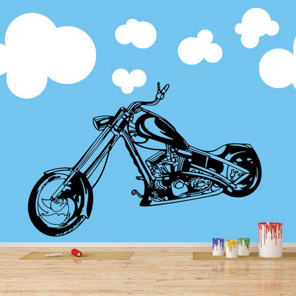 Motorcycle wall decal with black motorcycle illustration and small cloud shapes