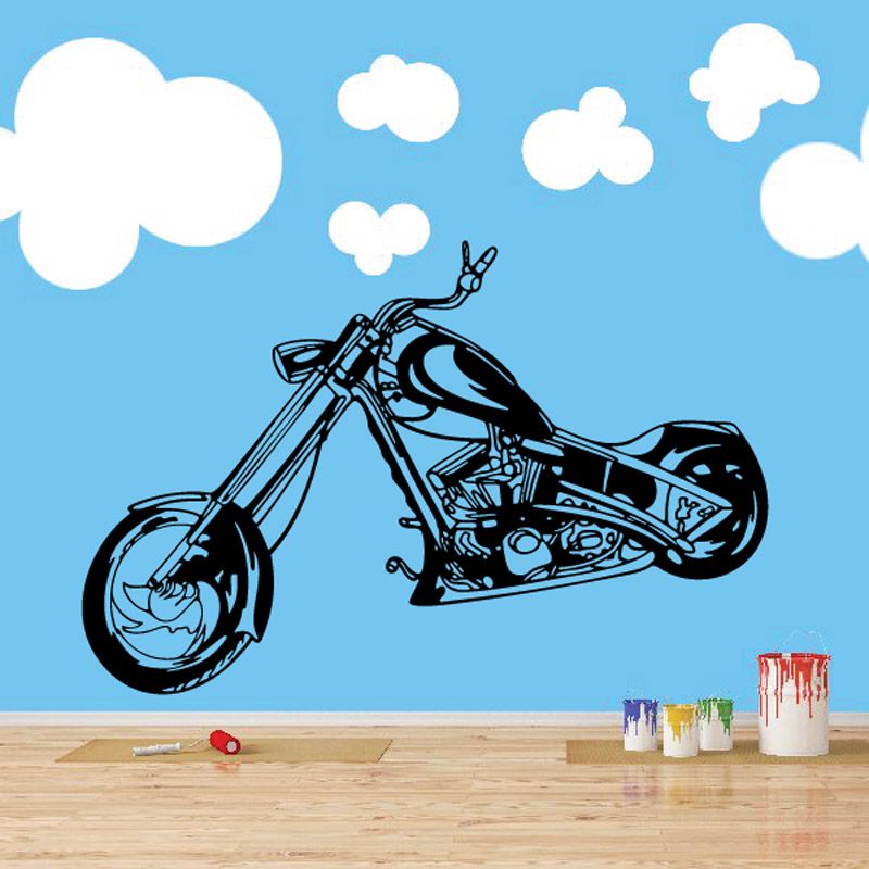 Motorcycle wall decal with black motorcycle illustration and small cloud shapes