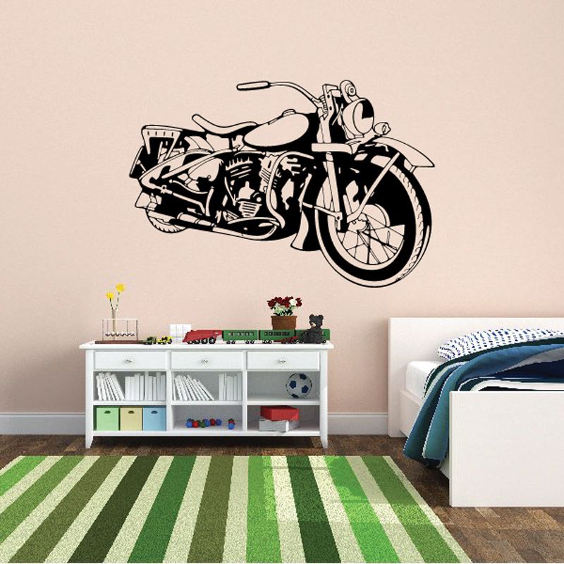 Motorcycle line-art vinyl wall decal, black and white, with detailed front wheel