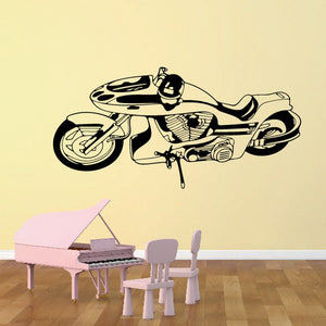Black motorcycle illustration vinyl wall decal with kickstand and wheels