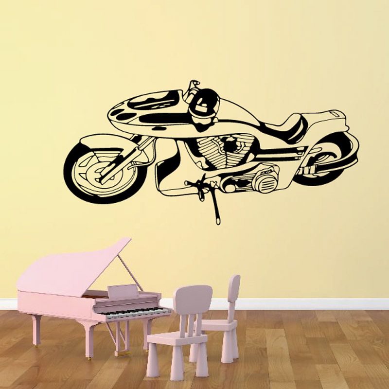 Black motorcycle illustration vinyl wall decal with kickstand and wheels
