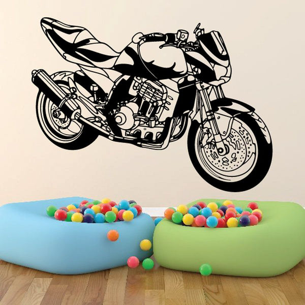Motorcycle wall decal featuring a black line-art bike with detailed engine and wheels