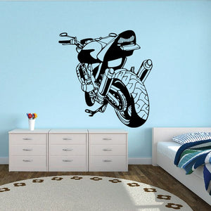 Motorcycle illustration wall decal in black and gray, featuring a racing style bike.