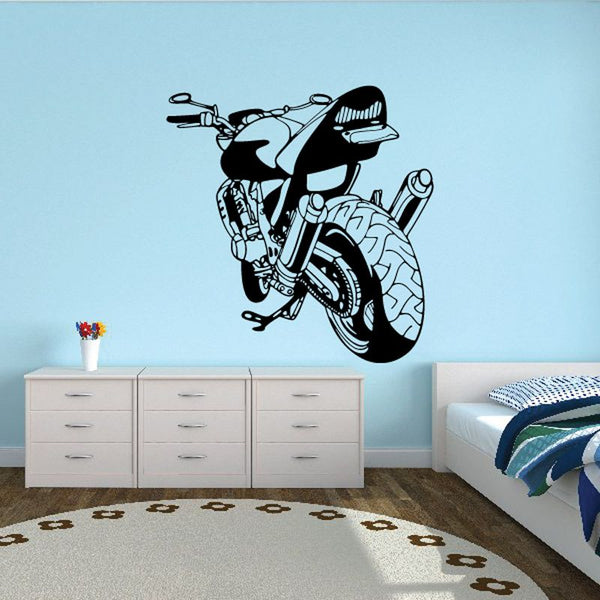 Motorcycle illustration wall decal in black and gray, featuring a racing style bike.