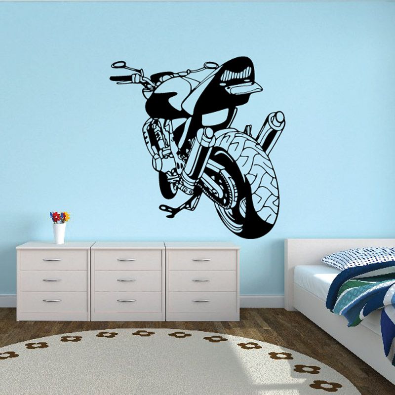 Motorcycle illustration wall decal in black and gray, featuring a racing style bike.