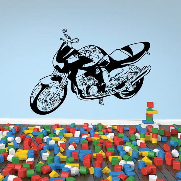 Motorcycle illustration vinyl wall decal, black and white bike graphic