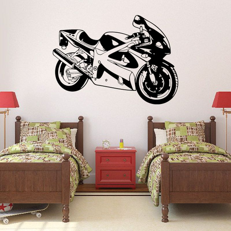Motorcycle wall decal vinyl sticker with black-and-white sport bike illustration