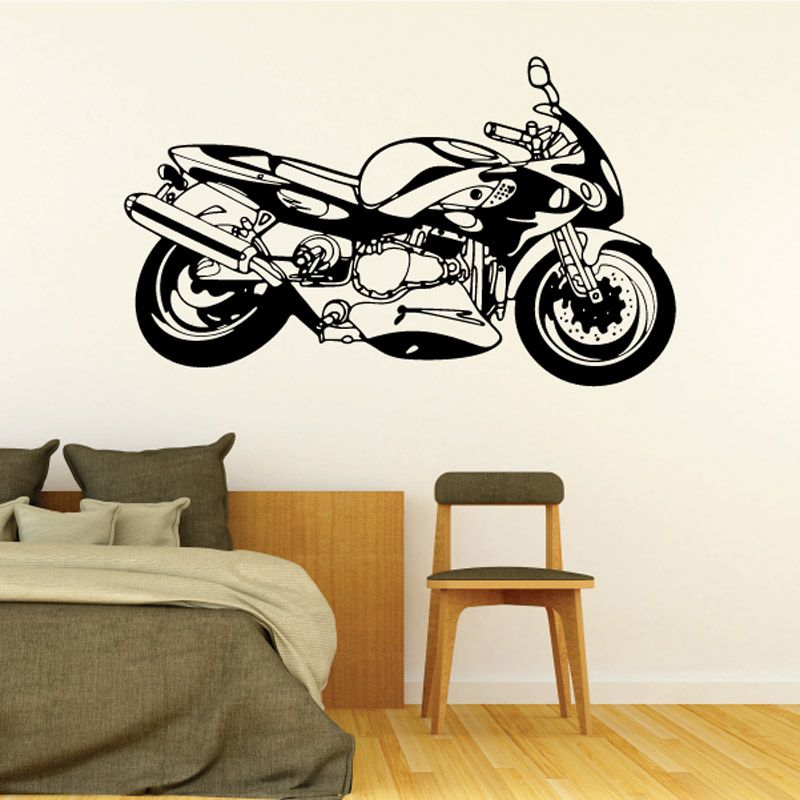 Motorcycle wall decal vinyl sticker with black-and-white motorcycle illustration.