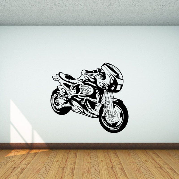 Motorcycle wall decal with black illustrated bike graphic, vinyl sticker style