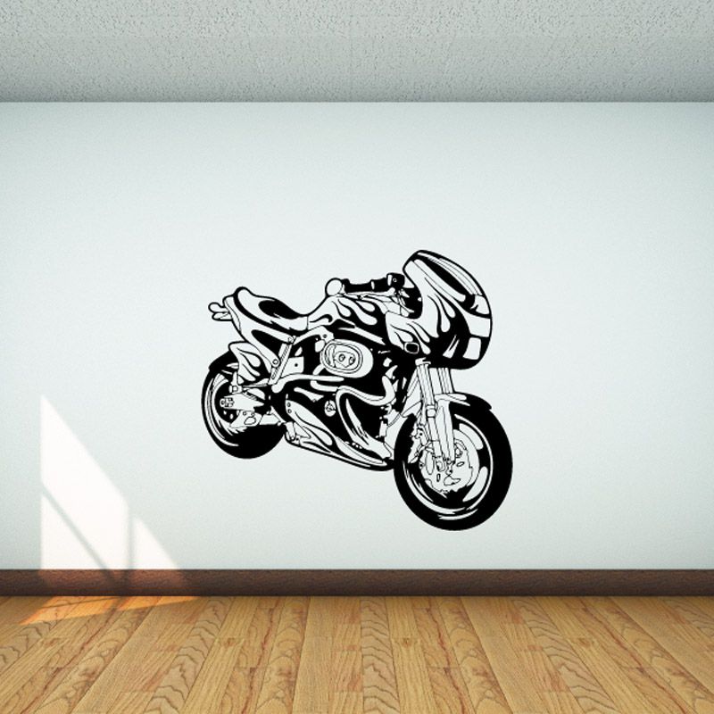 Motorcycle wall decal with black illustrated bike graphic, vinyl sticker style