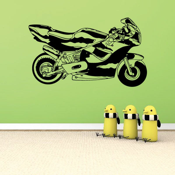 Motorcycle vinyl wall decal with black racing-style bike illustration and bold outlines.