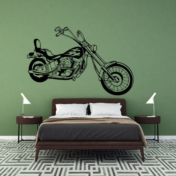 Motorcycle line art wall decal in black vinyl, bike outline