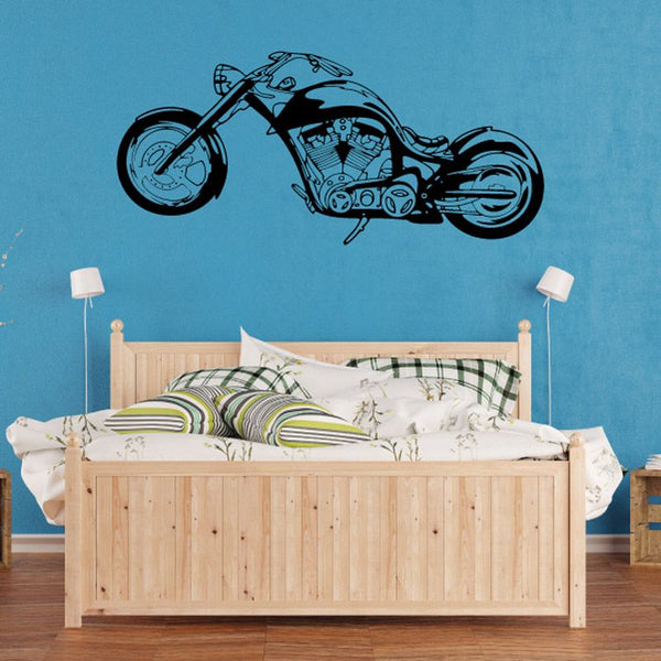 Black motorcycle illustration vinyl wall decal with detailed line art