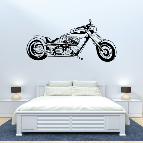 Motorcycle wall decal, black-and-white line art of a sport bike.