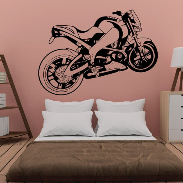 Motorcycle wall decal with black illustrated sport bike design