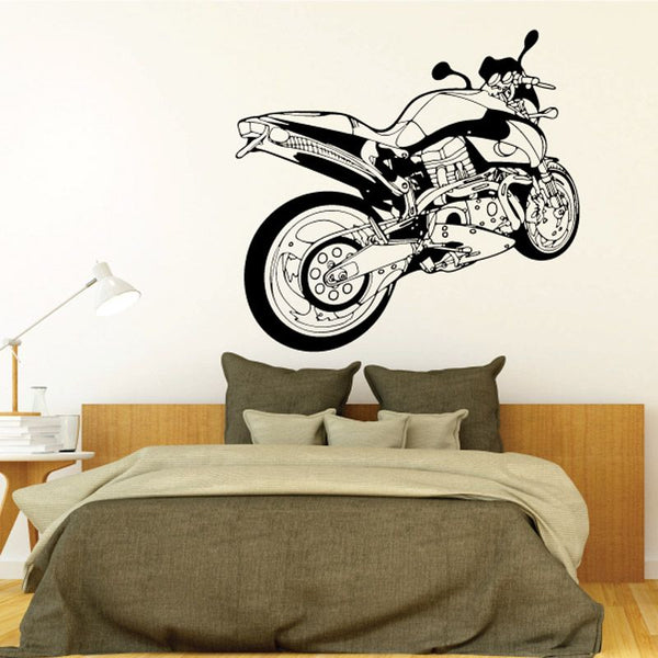 Motorcycle wall decal vinyl sticker, black and white illustrated bike on wall