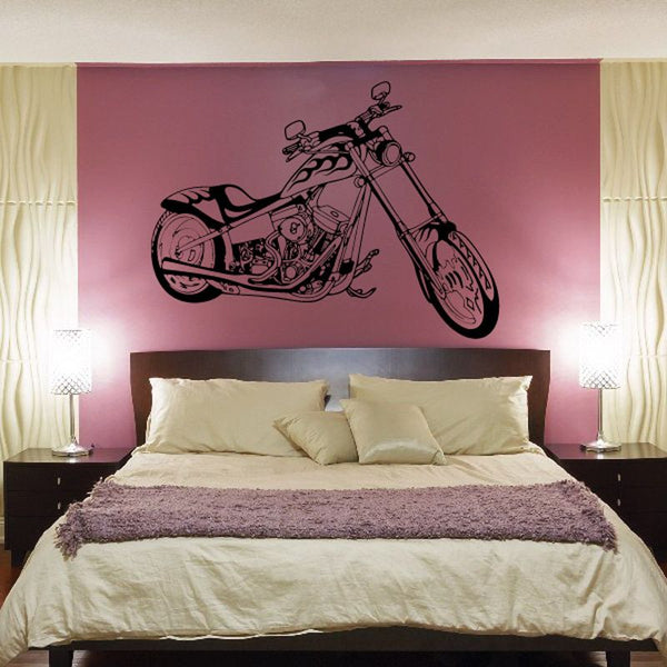 Motorcycle line art vinyl wall decal with rider, black on light background