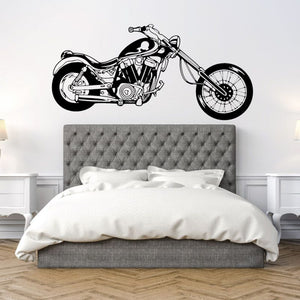 Motorcycle wall decal, black line art of a classic bike on a wall