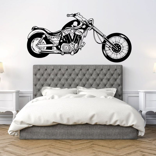 Motorcycle wall decal, black line art of a classic bike on a wall