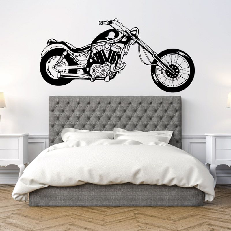 Motorcycle wall decal, black line art of a classic bike on a wall