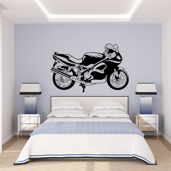 Motorcycle wall decal featuring black illustrated sport bike