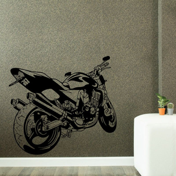 Black motorcycle illustration vinyl wall decal featuring a detailed motorcycle
