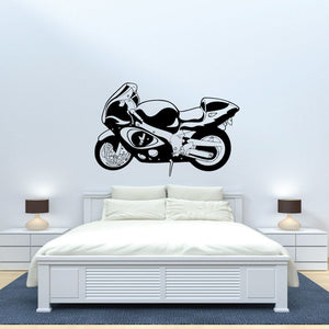 Motorcycle illustration wall decal, black and white vinyl sticker graphic of a sport bike