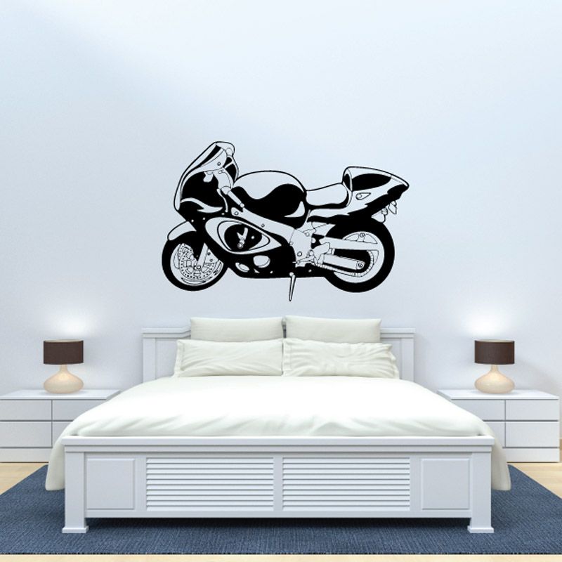 Motorcycle illustration wall decal, black and white vinyl sticker graphic of a sport bike