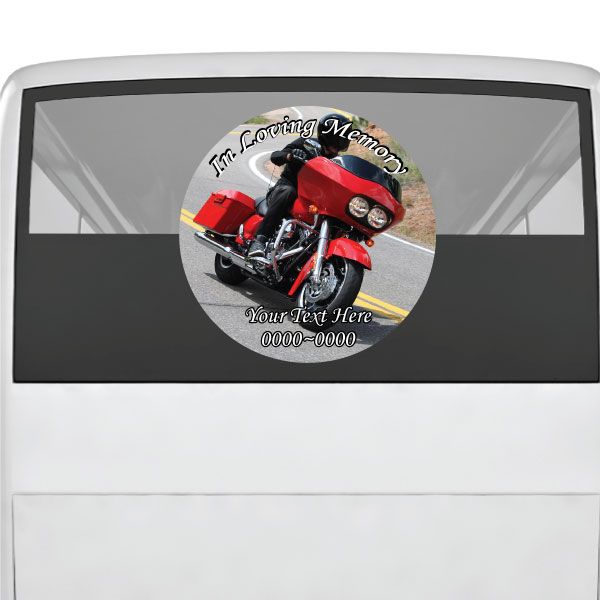 Motorcycle custom circle sticker with red bike and memorial text lettering