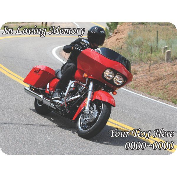 Rounded rectangle motorcycle memory sticker, 'In Loving Memory' and 'Your Text Here'