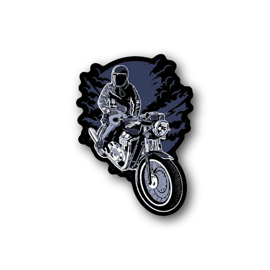 Vinyl sticker of a helmeted motorcyclist on a motorcycle, blue and white graphic
