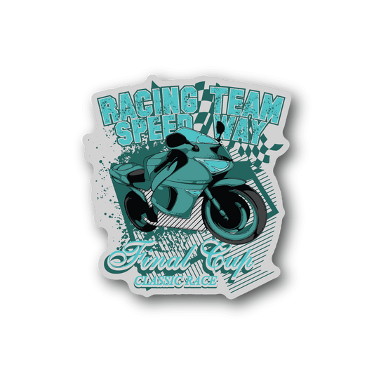Motorcycle racing team sticker with teal bike and bold race text, white outlined edge