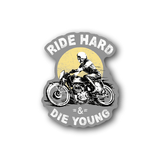 Motorcycle vinyl sticker with skull rider, bike art, and Ride Hard Die Young text