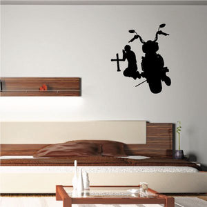 Motorcycle rider praying decal with cross and motorcycle silhouette, black