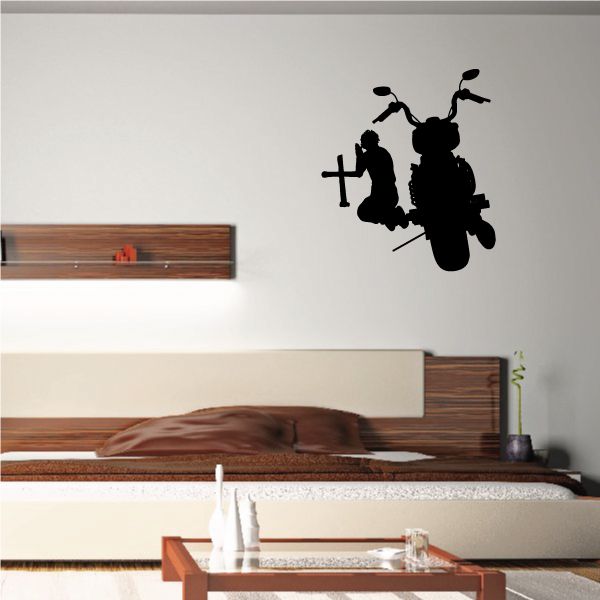 Motorcycle rider praying decal with cross and motorcycle silhouette, black