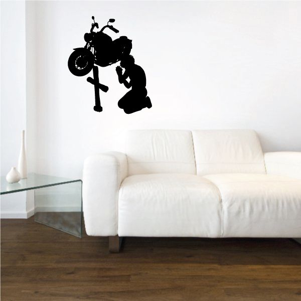 Black motorcycle rider praying with cross wall decal