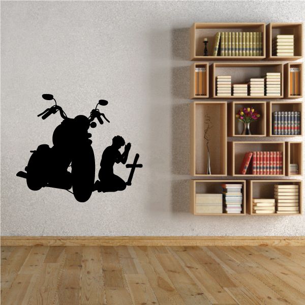 Motorcycle rider praying decal sticker, black silhouette with hands clasped and motorcycle.